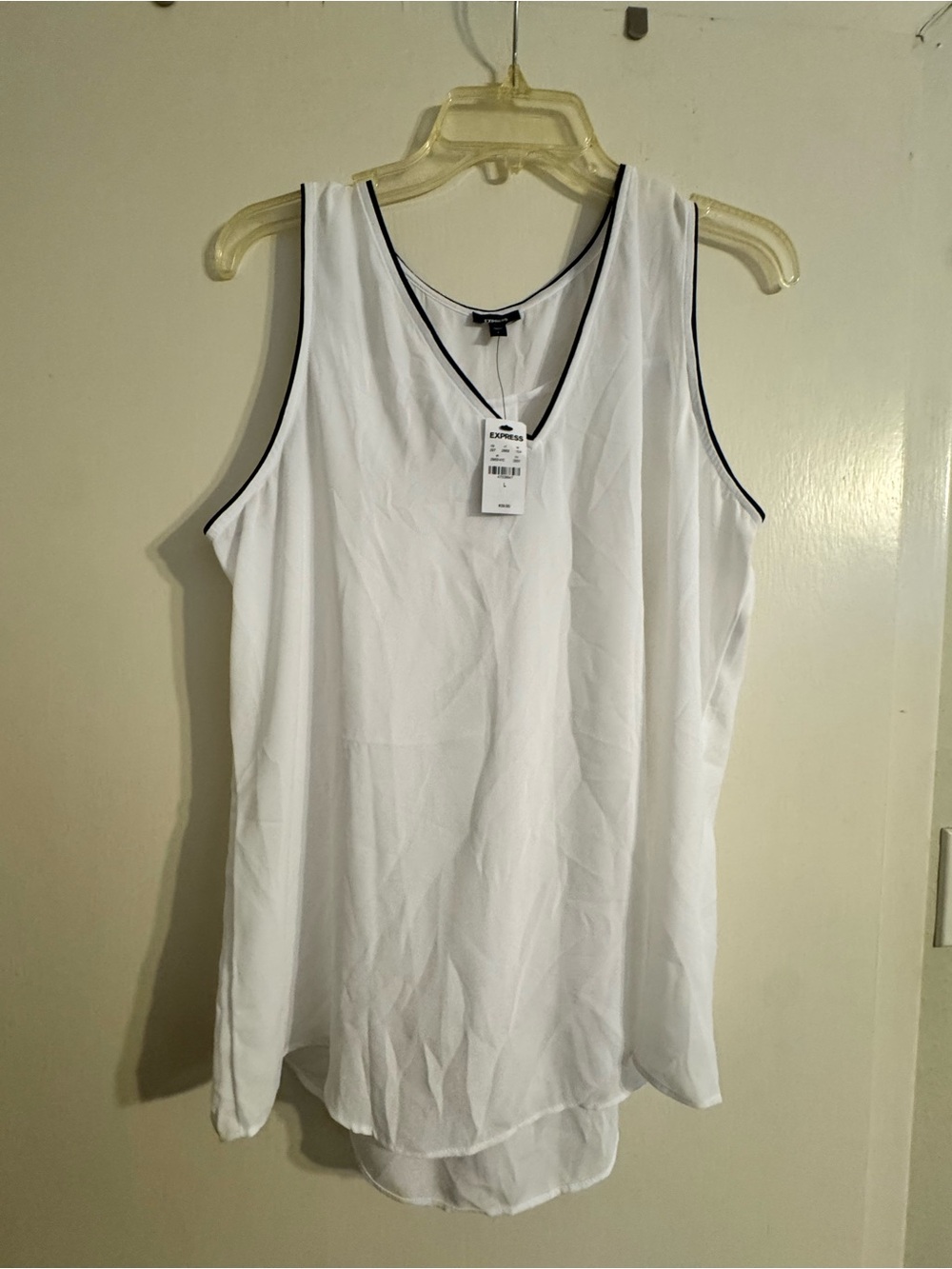 Express White V-Neck Sleeveless Shell Top with Black Trim